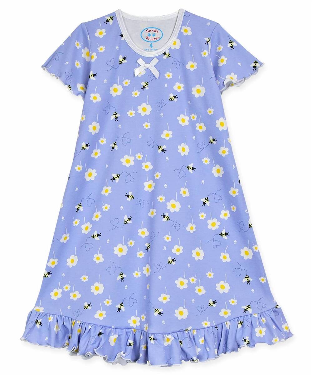 NEW SARA'S PRINTS girls short sleeve ruffled happy bees nightgown in blue